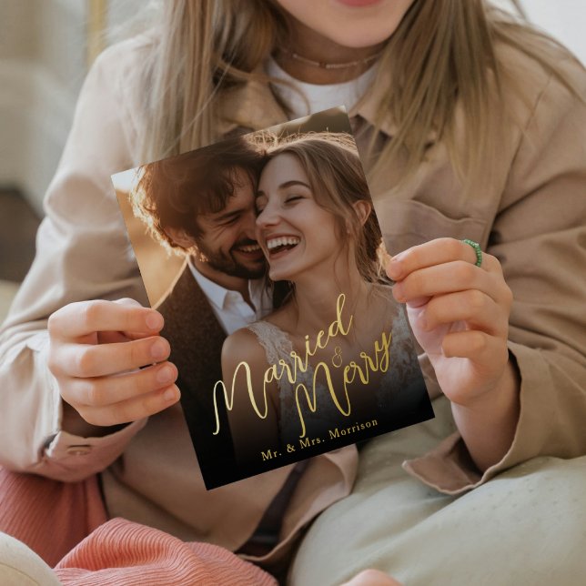 Married and Marry Christmas Wedding Photo Foil Holiday Card (Creator Uploaded)