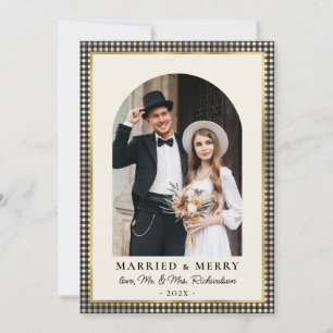 Married and Merry Arch Photo Black Gold Plaid  Holiday Card