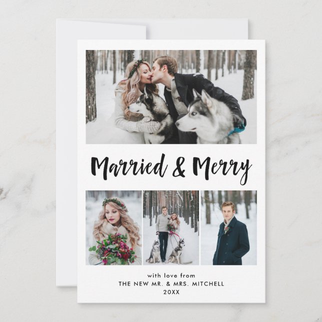 Married and Merry | Black and White Multi Photo Holiday Card (Front)