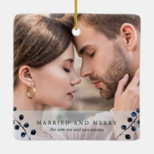 Married and Merry Blue Winter Berries Photo Ceramic Ornament