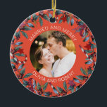 Married and Merry Blush Christmas Wreath Newlyweds Ceramic Tree Decoration<br><div class="desc">Romantic ornament for married couple features beautiful Christmas wreath and a bright blush background. Personalise the template with your names or custom text. You can change the background colour if you like,  just click on "Edit using design tool".</div>