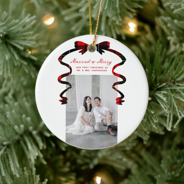 Married and Merry Bow Photo Christmas Newlyweds Ceramic Tree Decoration (Tree)