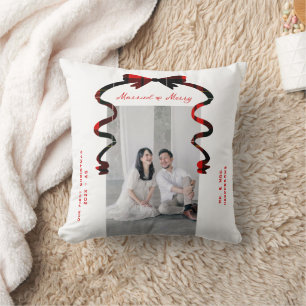 Married and Merry Bow Photo Christmas Newlyweds Cushion