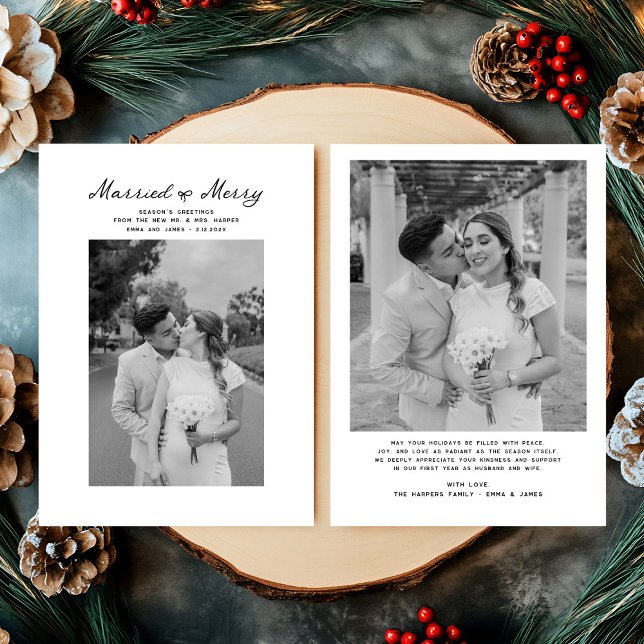 Married and Merry Bow Photo Christmas Newlyweds Holiday Card (Creator Uploaded)