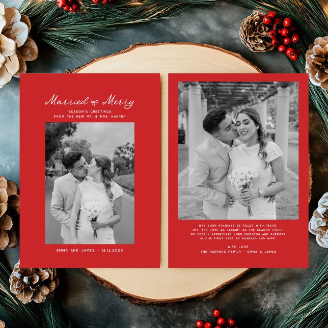 Married and Merry Bow Photo Christmas Newlyweds Holiday Card (Creator Uploaded)