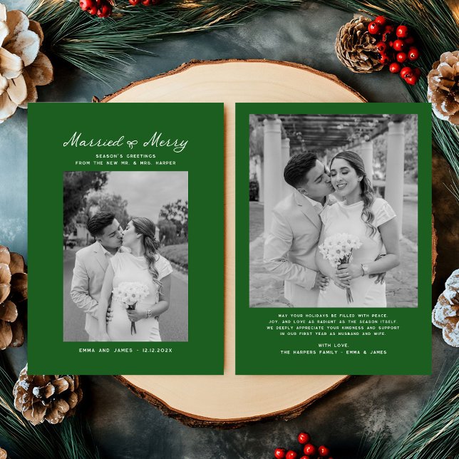 Married and Merry Bow Photo Christmas Newlyweds Holiday Card (Creator Uploaded)
