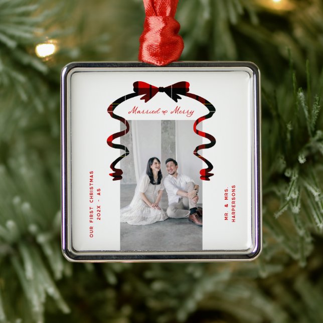 Married and Merry Bow Photo Christmas Newlyweds Metal Tree Decoration (Tree)