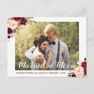 Married and Merry Burgundy Floral Holiday Photo Postcard
