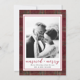 Married and Merry Burgundy Green Tartan Plaid Holiday Card