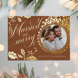 Married and Merry Calligraphy Boho Brown 1 Photo Foil Holiday Card