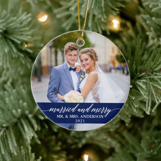 Married and Merry Calligraphy Wedding Blue Ceramic Tree Decoration (Tree)
