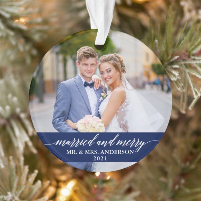 Married and Merry Calligraphy Wedding Blue Ornament (Tree)