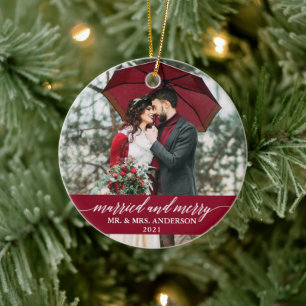 Married and Merry Calligraphy Wedding Burgundy Ceramic Tree Decoration