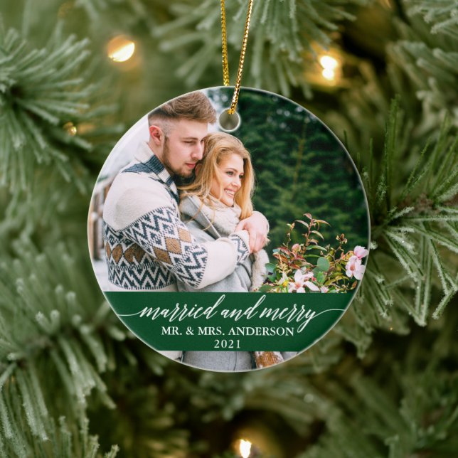 Married and Merry Calligraphy Wedding Green Ceramic Tree Decoration (Tree)