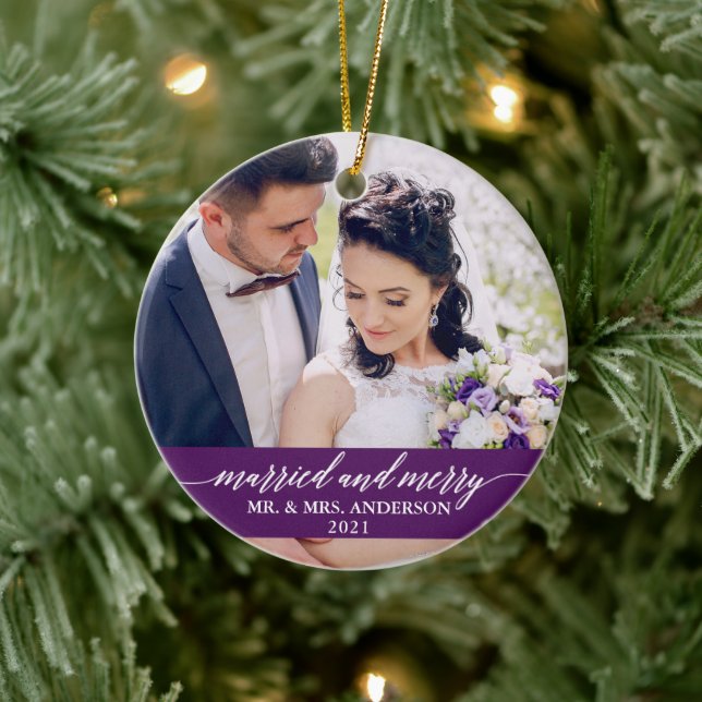 Married and Merry Calligraphy Wedding Purple Ceramic Tree Decoration (Tree)