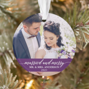 Married and Merry Calligraphy Wedding Purple Ornament