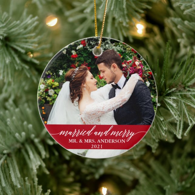 Married and Merry Calligraphy Wedding Red Ceramic Tree Decoration (Tree)