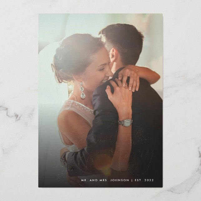 Married and Merry Chic Hand Lettered Photo Foil Holiday Card (Front)