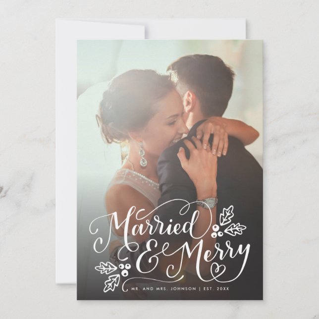 Married and Merry Chic Hand Lettered Photo Plaid Holiday Card (Front)