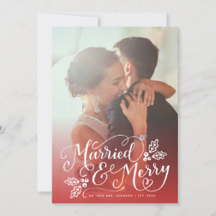 Married and Merry Chic Hand Lettered Photo Red Holiday Card