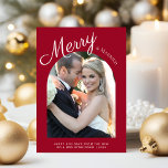 Married and Merry Christmas Arch Photo Red Holiday Card<br><div class="desc">Elegant holiday card for newlyweds featuring your photo in an arch-shaped frame and "Merry & Married written in a mix of a stylish white script and simple modern typography against a seasonal red background. You can personalise your Christmas greeting,  as well as your names and the year.</div>