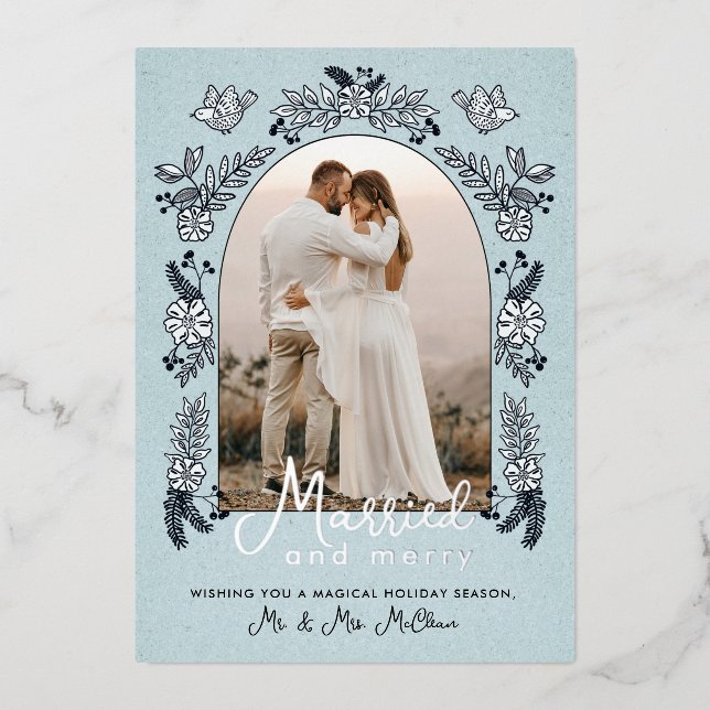 Married and Merry Christmas Wedding Photo Arch Foil Holiday Card (Front)