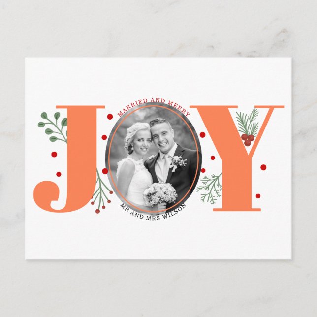 Married and Merry coral JOY Christmas photo Postcard (Front)