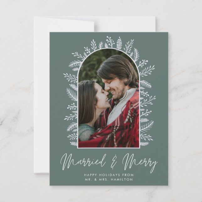  Married and Merry Couple Photo Green Christmas Holiday Card (Front)