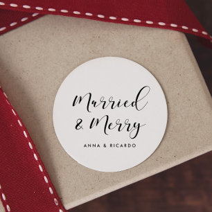 Married and Merry elegant holiday Classic Round Sticker
