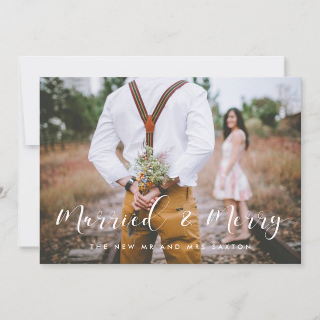 Married and Merry elegant photo Christmas card (Front)