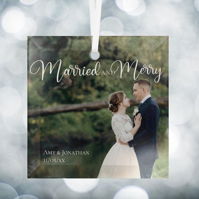 Married and Merry Elegant Wedding Photo Christmas Glass Tree Decoration (Creator Uploaded)