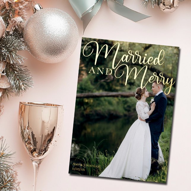Married and Merry Elegant Wedding Photo Gold Foil Holiday Card (Creator Uploaded)