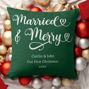 Married and Merry First Christmas Newlywed Green Cushion