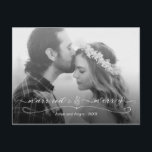 Married and Merry First Christmas Photo Holiday Postcard<br><div class="desc">Elegant modern holiday card designed for the couple celebrating their first married Christmas featuring subtle gray opaque gradient overlay with Married & Merry text graphic in elegant script font, swirly decorative divider ornament and line of editable text. Substitute the placeholder image with your keepsake photo (black and white is suggested)....</div>