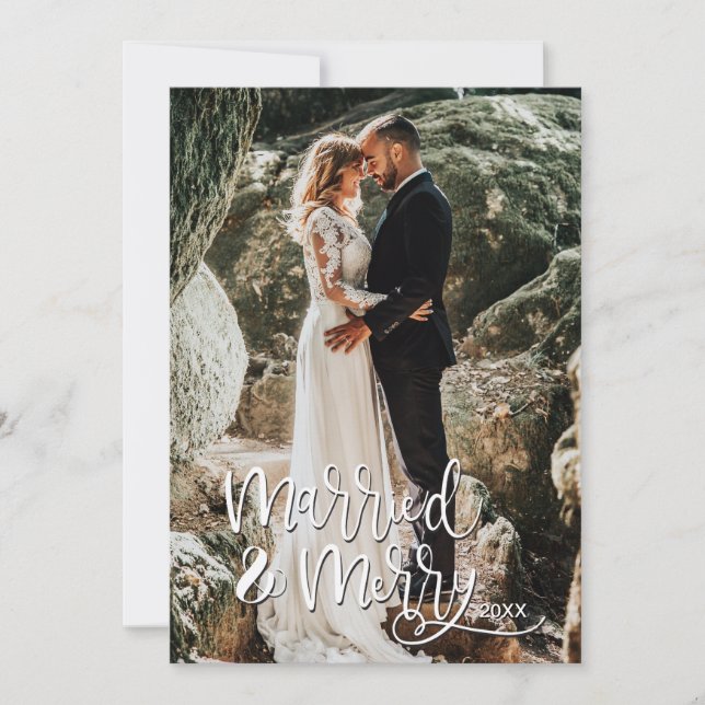 Married and Merry first Christmas Wedding Photo Holiday Card (Front)