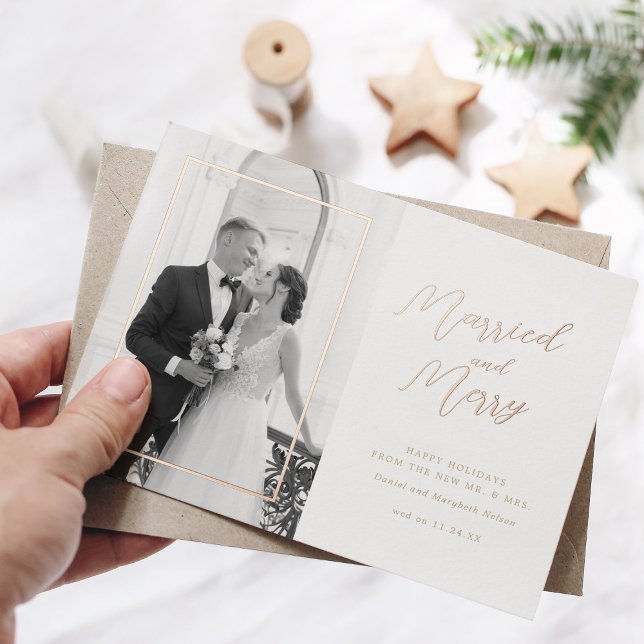 Married and Merry Foil Holiday Wedding Photo Card (Creator Uploaded)
