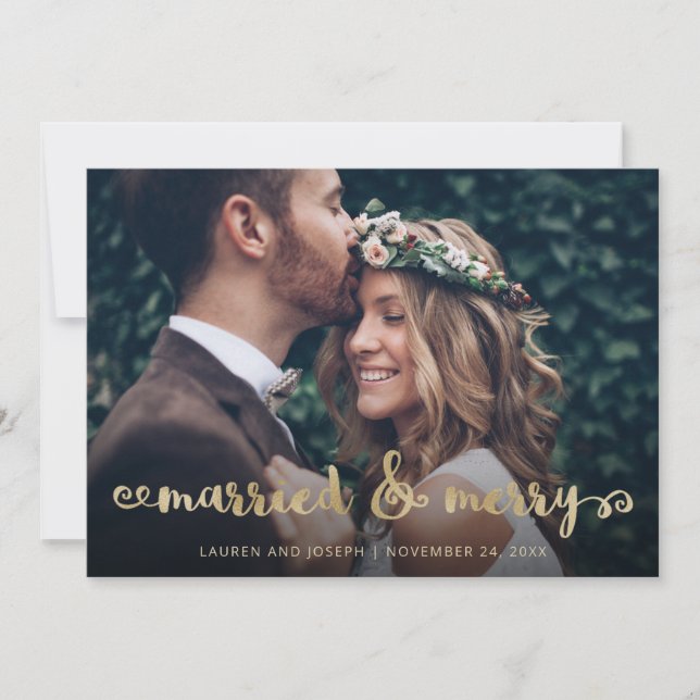 Married and Merry | Gold Christmas Script Photo Holiday Card (Front)