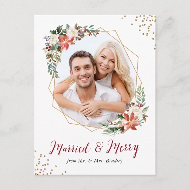 Married and Merry Gold Geometric Newlywed Photo Holiday Postcard (Front)