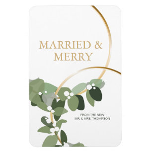 Married and Merry Gold Rings Newlywed Christmas Magnet