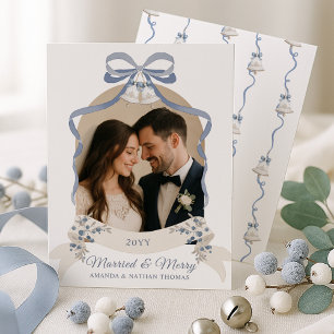 Married and Merry  Grandmillennial Blue Christmas Holiday Card