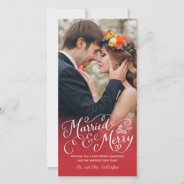 Married and Merry Hand Lettered Red Holiday Card (Front)