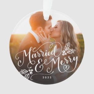 Married and Merry Handlettered Christmas Photo Ornament