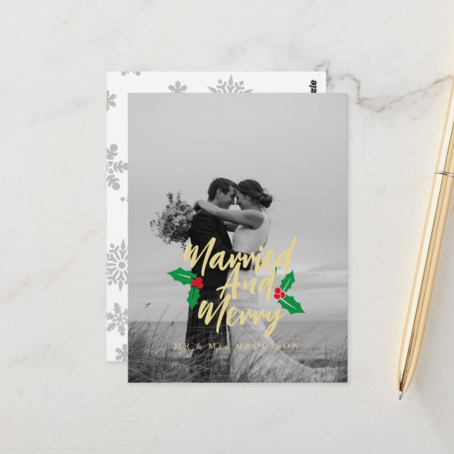 Married and Merry Handlettered Christmas  Postcard (Front/Back In Situ)
