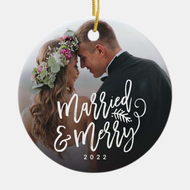Married and Merry Holiday Photo Ceramic Tree Decoration (Front)