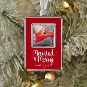 Married and Merry Holiday Silver Plated Framed Ornament
