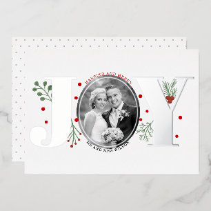 Married and Merry JOY Christmas photo silver  Foil Holiday Card