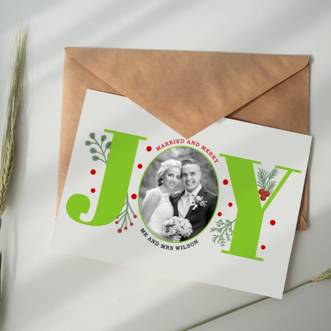 Married and Merry lime green JOY Christmas photo Postcard (Creator Uploaded)
