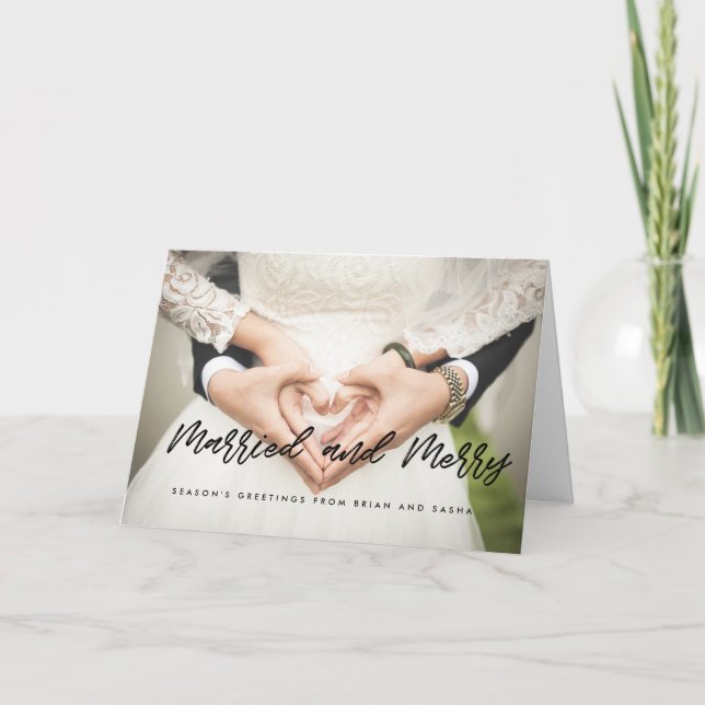 Married and Merry modern black font newlyweds Holiday Card (Front)