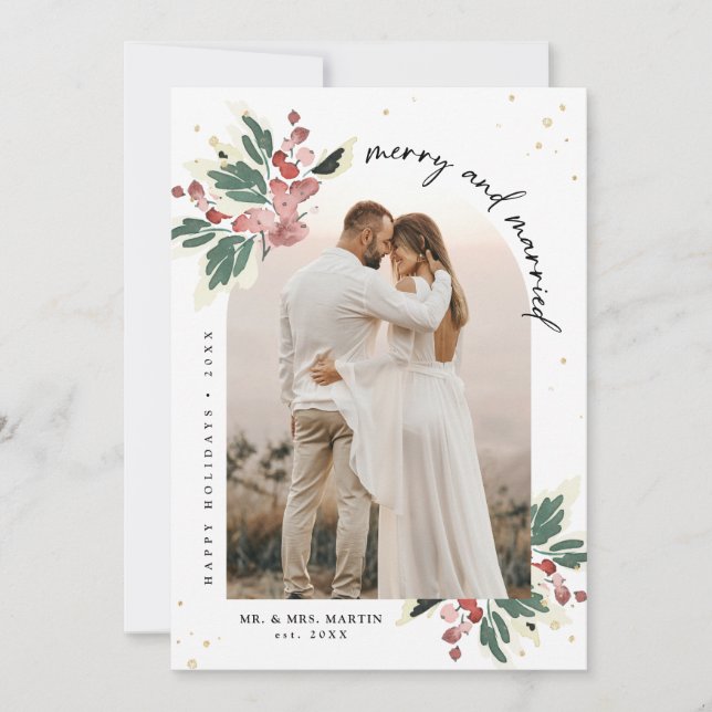 Married and Merry Modern Christmas Photo Arch Holiday Card (Front)