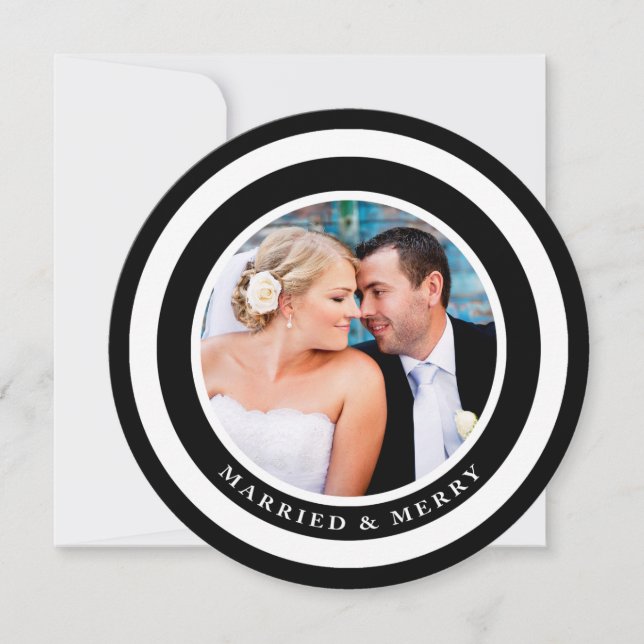 Married and Merry Modern Circles Black Christmas Holiday Card (Front)